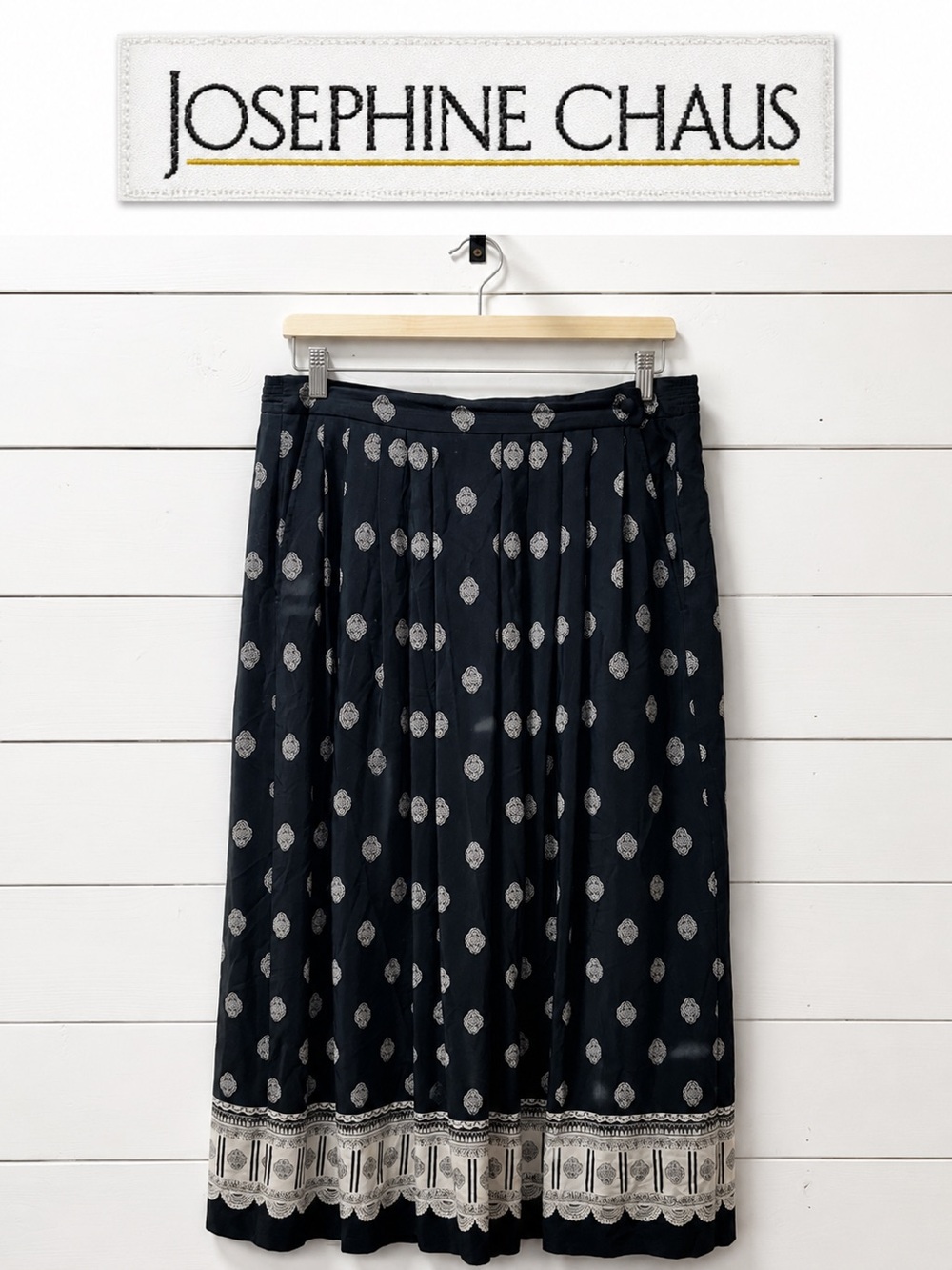 JOSEPHINE CHAUS Vintage Pleated Midi Skirt Black Print Size 10